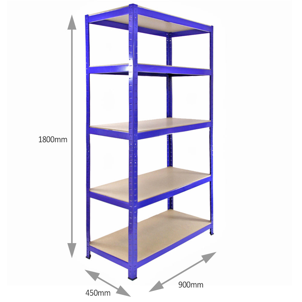 Blue metal corner shelving unit with four sturdy shelves, measuring 1800mm high, 900mm wide, and 450mm deep, ideal for garage storage