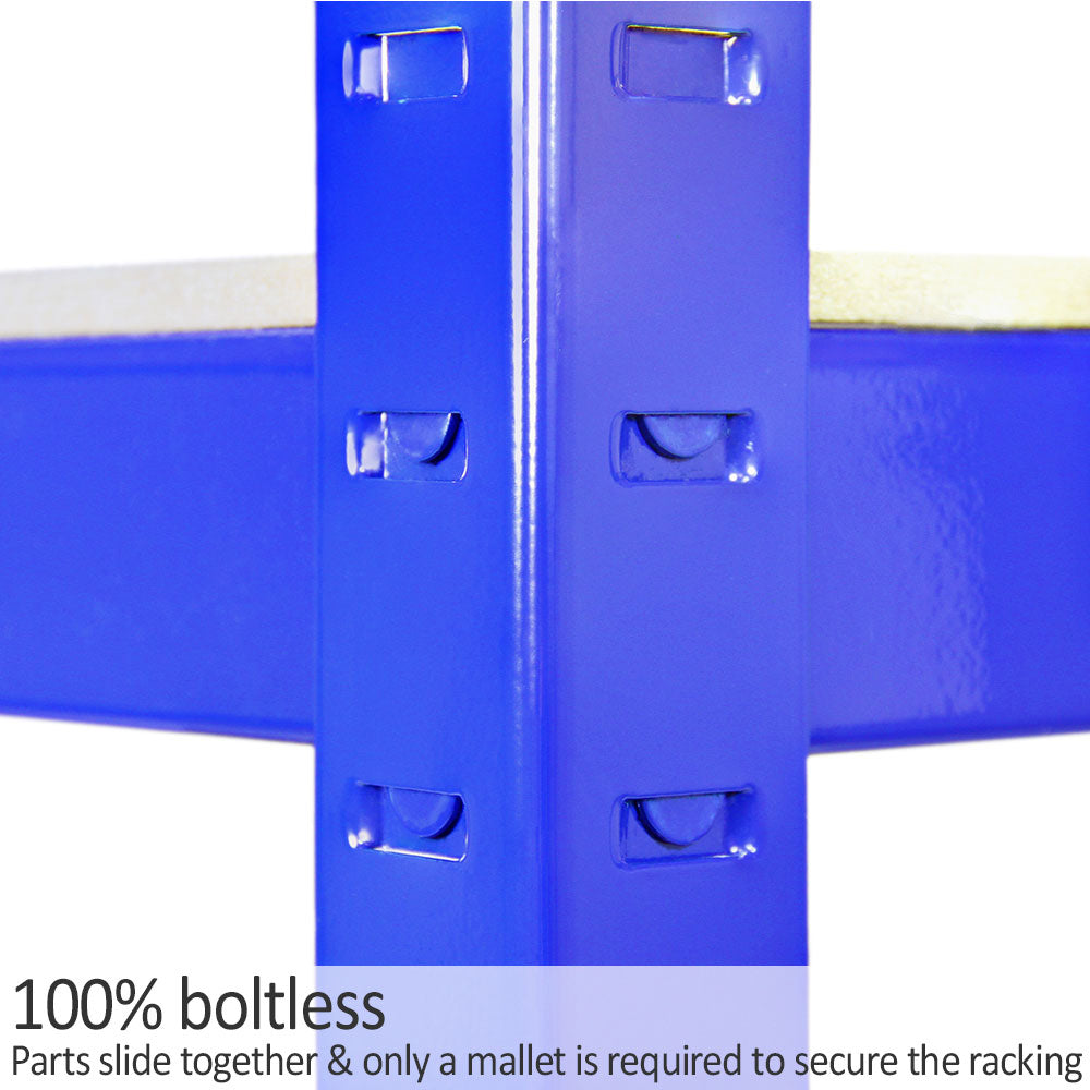 Blue metal storage shelf corner showing boltless design, with smooth edges and a sturdy structure for easy assembly and durability