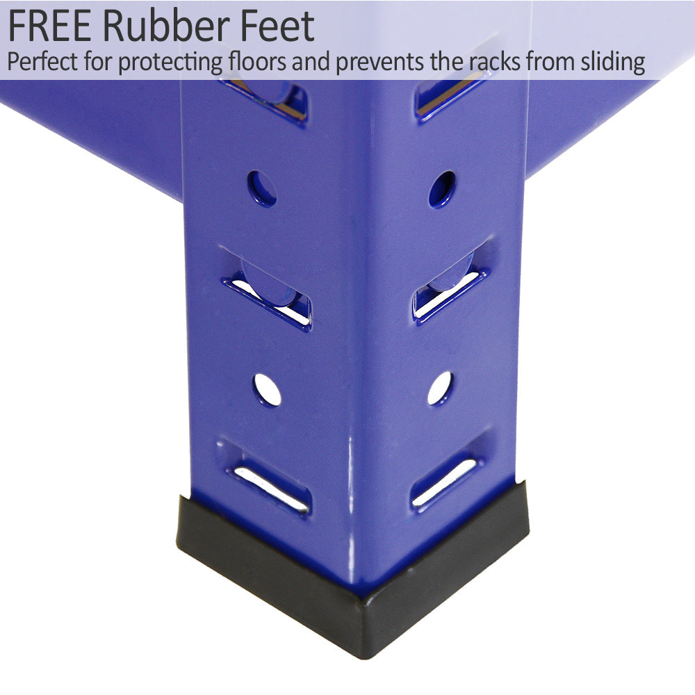 Blue metal storage shelf corner with free rubber feet, designed to protect floors and prevent sliding, showcasing sturdy construction