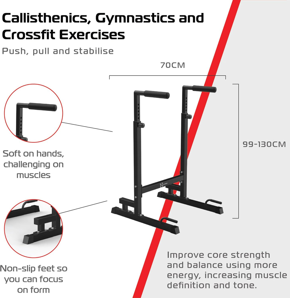 Black parallettes dip bars with non-slip feet, adjustable height, and soft grips for calisthenics and CrossFit exercises