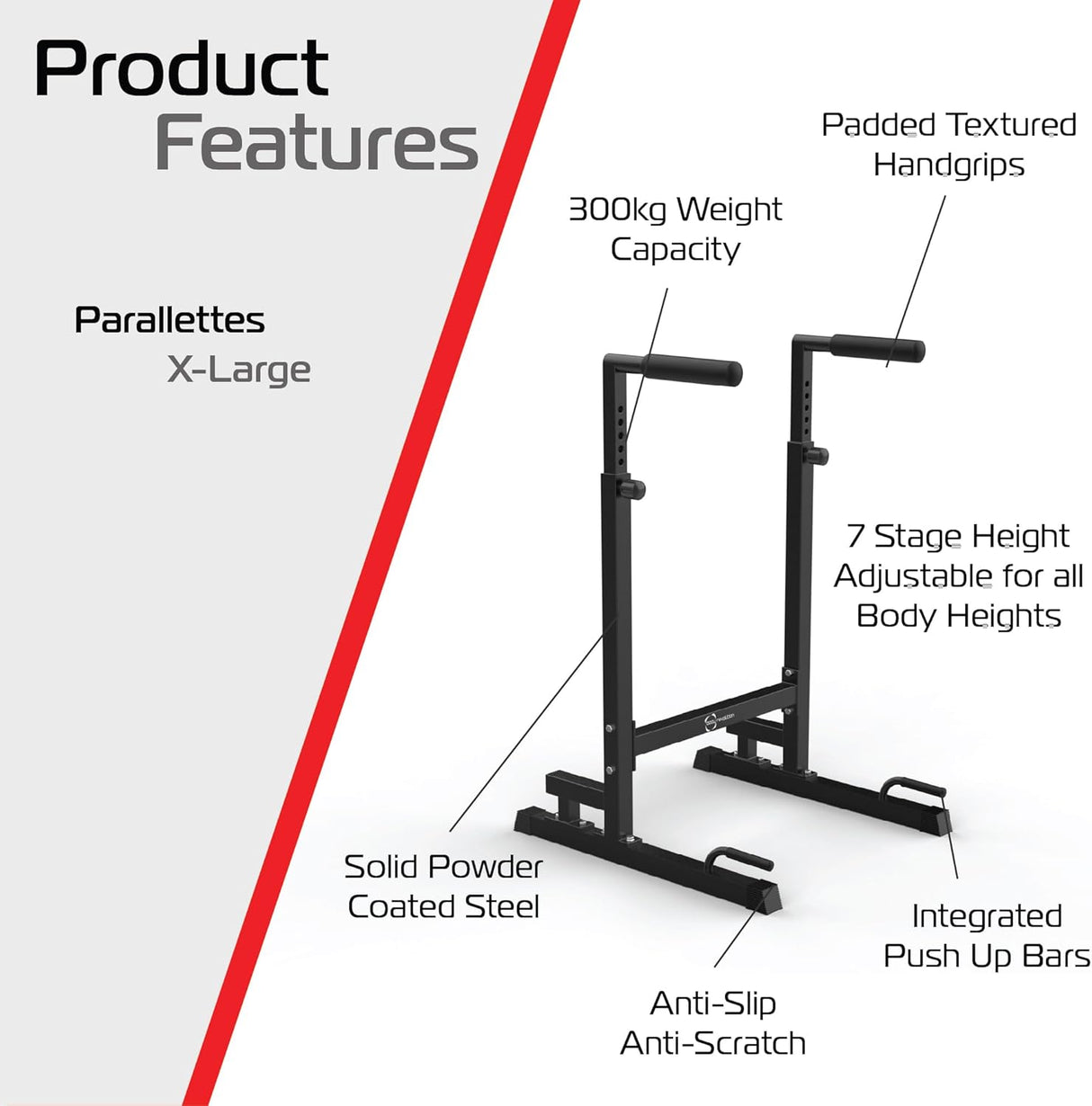 XL parallettes dip bars with padded handgrips, solid powder-coated steel, adjustable height, and anti-slip features for stability