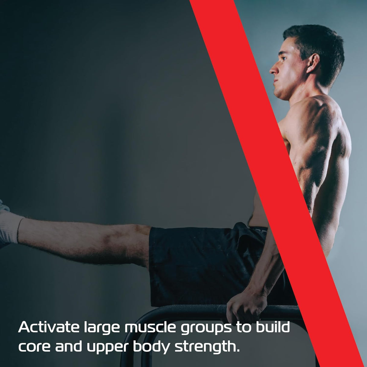 Athlete demonstrating strength training on Parallettes Dip Bars XL, showcasing muscular definition and focus on core engagement