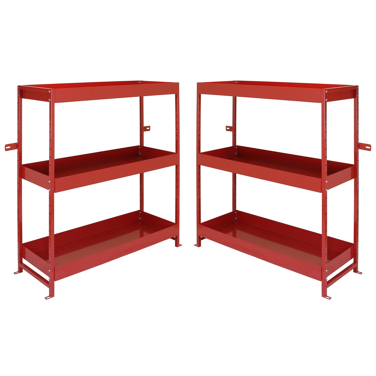 Sturdy red metal shelving unit duo with three open shelves, ideal for organizing tools and supplies in a garage or workshop