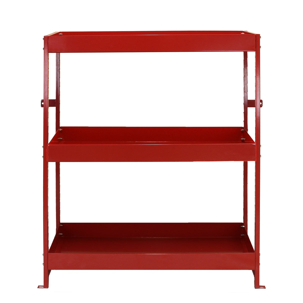Sturdy red metal shelving unit with three open shelves, ideal for organizing tools and supplies in a garage or workshop