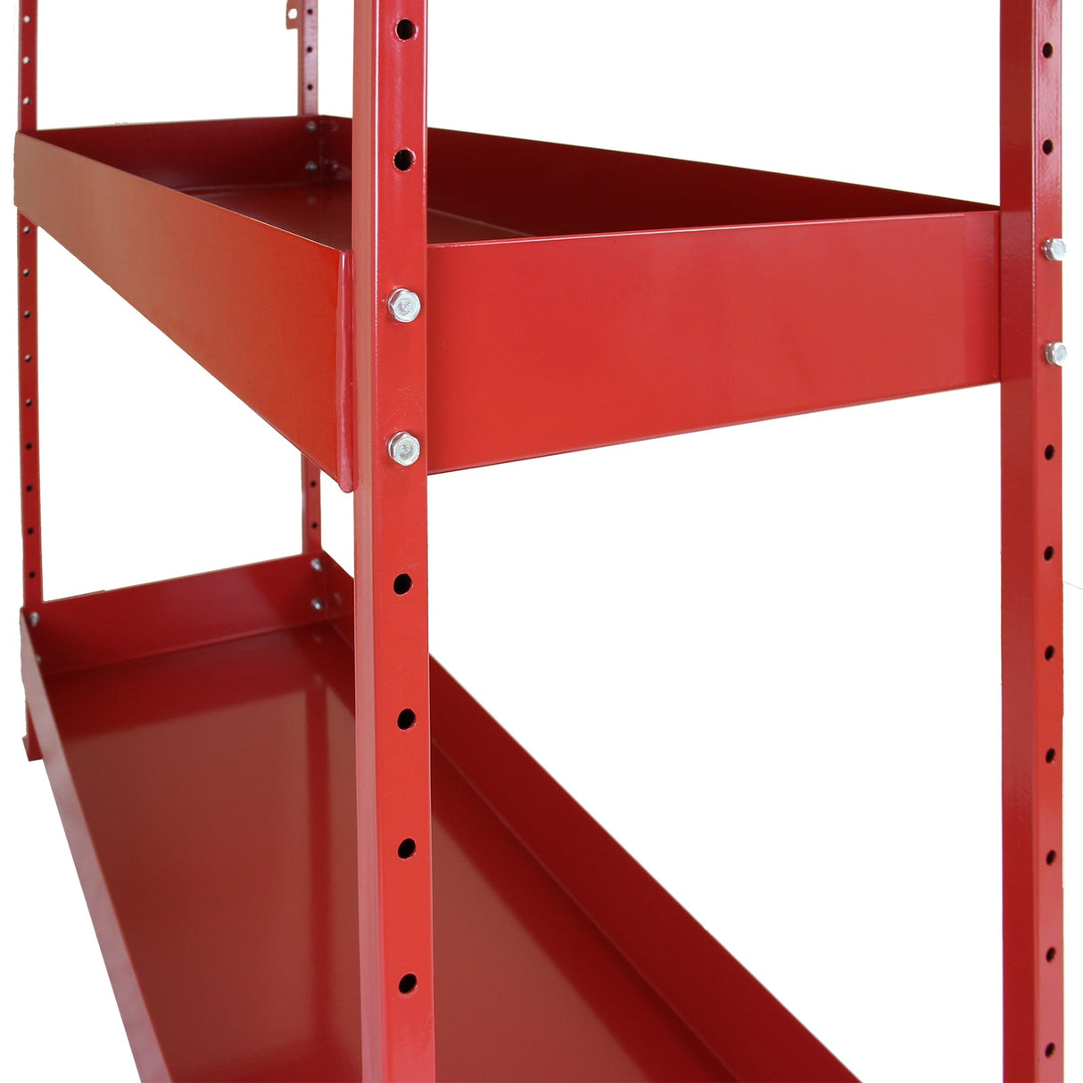 Red metal shelving unit with multiple sturdy shelves, featuring a sleek, glossy finish and robust construction for heavy-duty storage