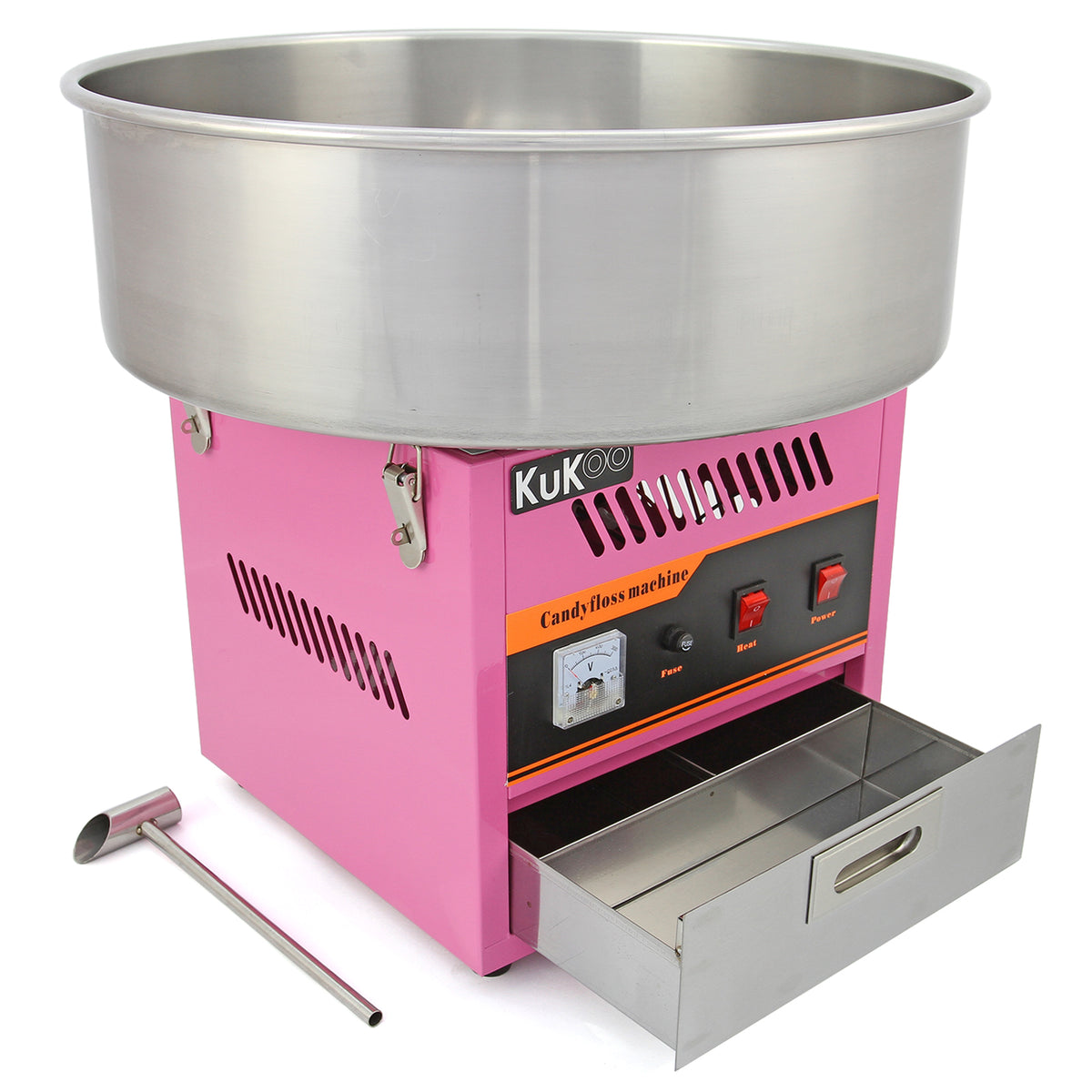 Bright pink candy floss machine with a large stainless steel bowl, featuring red buttons and a silver drawer for easy access