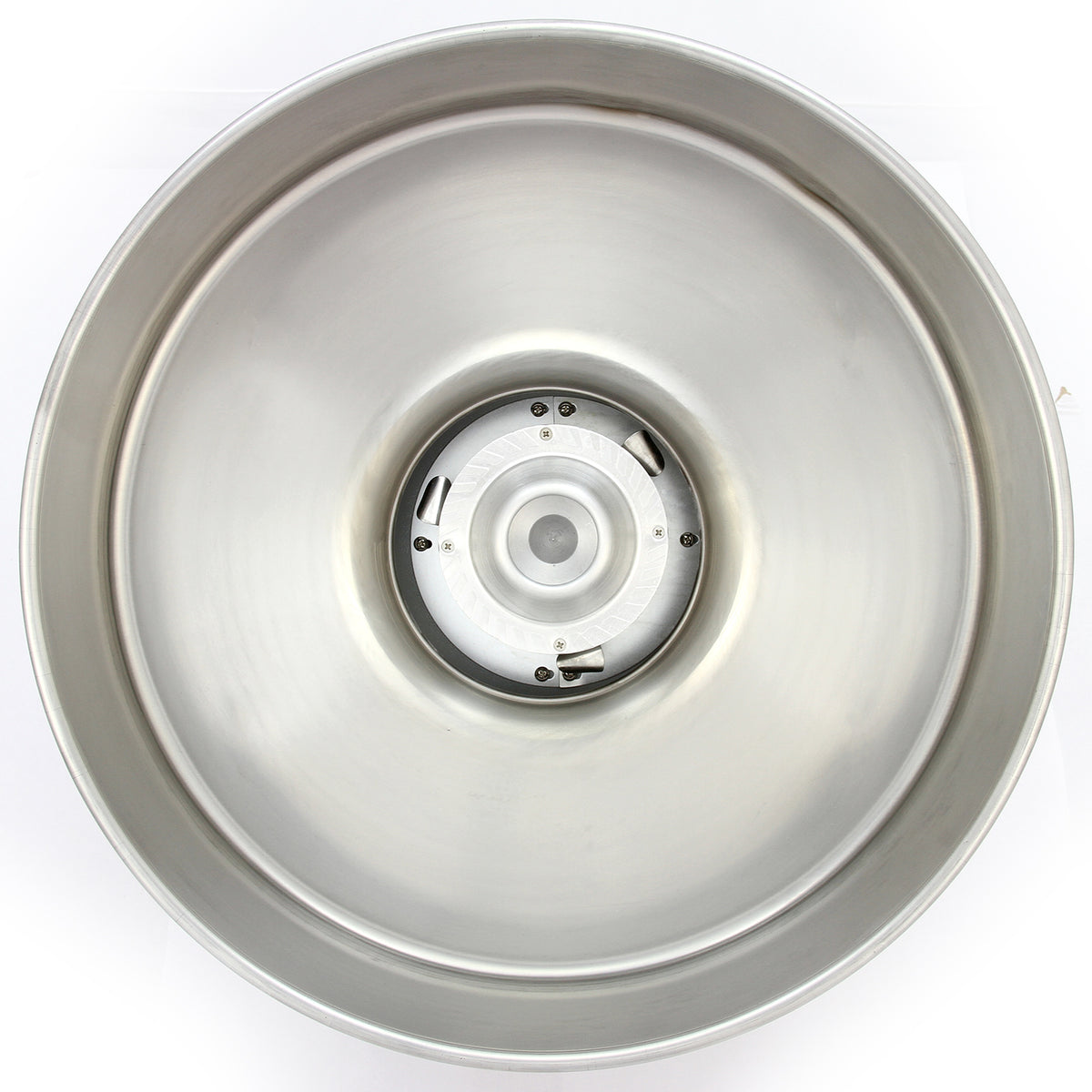 Shiny stainless steel bowl with a smooth surface and central motor, ideal for mixing or food preparation tasks in kitchens
