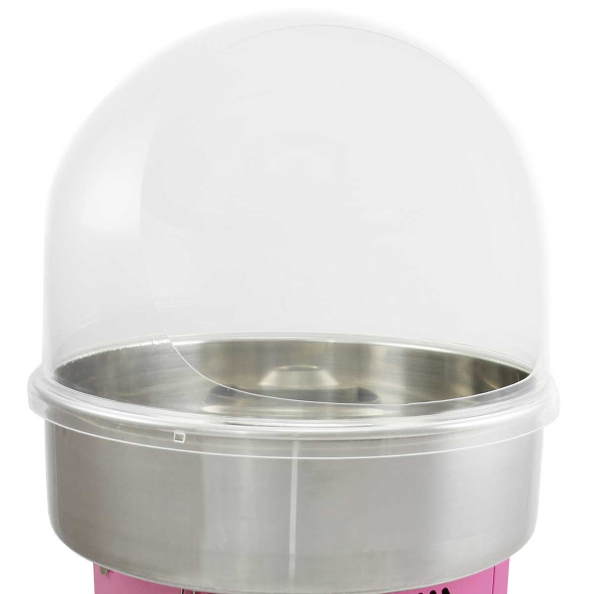 Clear plastic dome atop a shiny stainless steel base, designed for showcasing cotton candy in a vibrant pink container