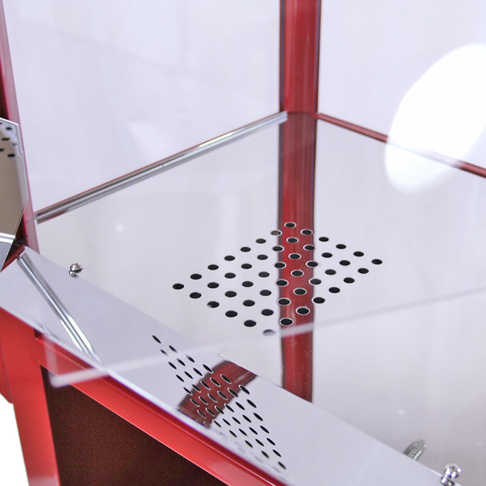 Red display case featuring a glass top, polished chrome accents, and a perforated metal base for ventilation and style