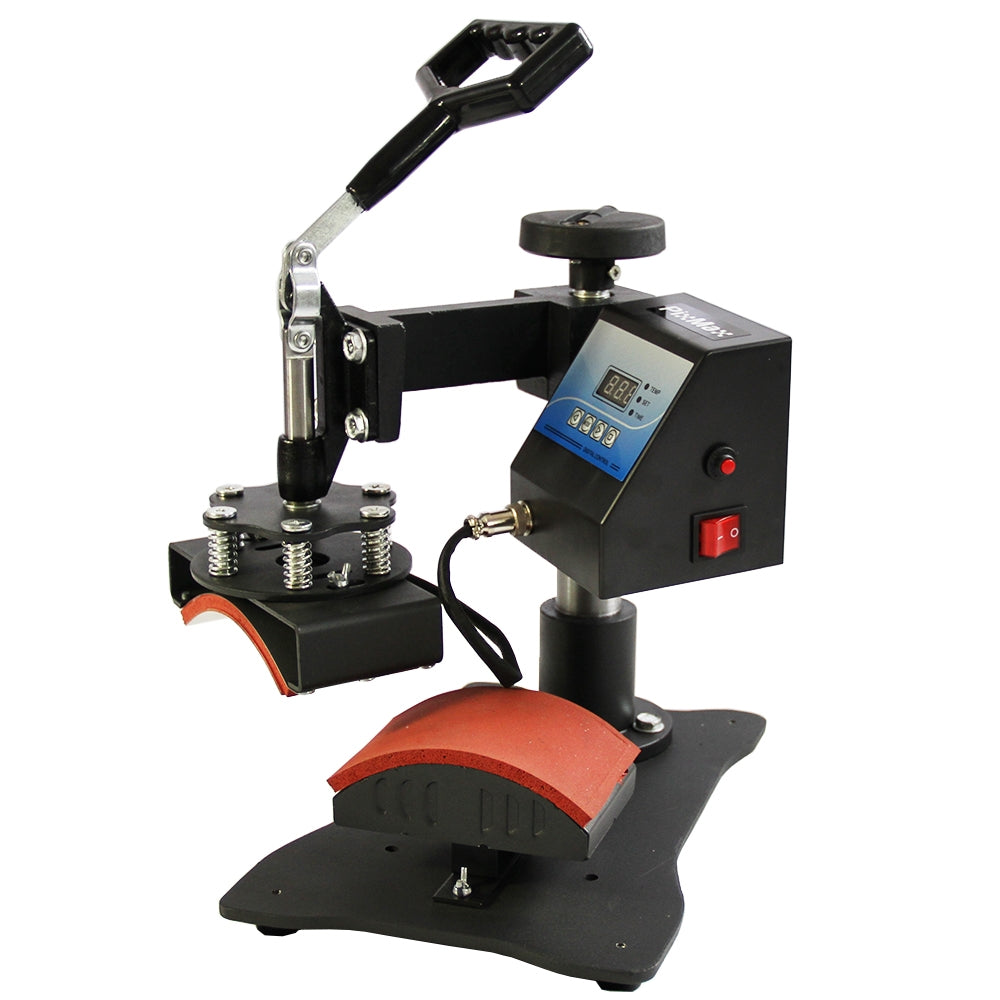 Black cap press machine with a digital display, adjustable handle, and red silicone pad for heat transfer applications