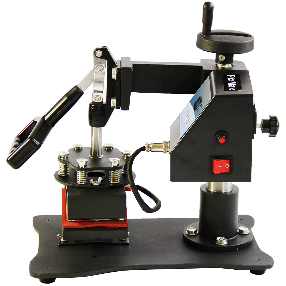 Black cap press machine with adjustable lever, digital display, and sturdy base, designed for heat transfer printing on caps
