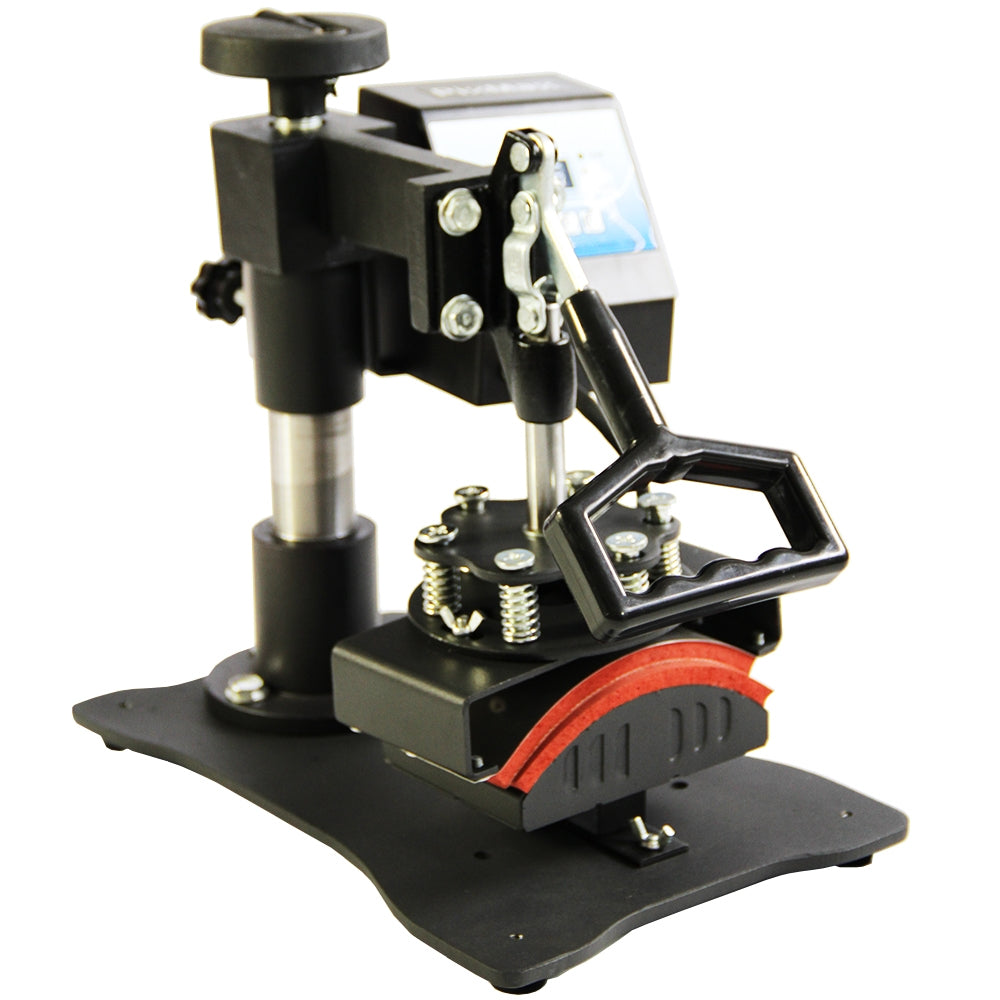 Black cap press machine with adjustable handle, digital display, and sturdy base, designed for heat transfer printing on caps