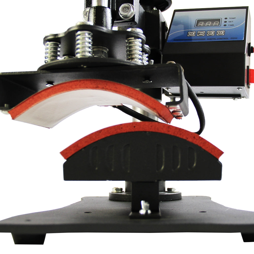 Black cap press machine with red silicone pads, adjustable pressure settings, and digital display for precise heat transfer printing