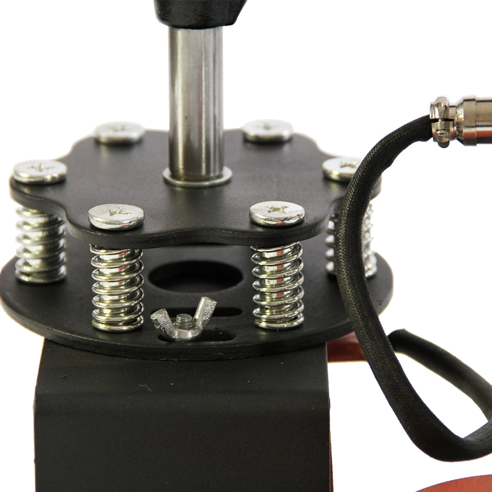 Close-up of a black cap press machine with metal springs, screws, and a silver handle, designed for heat transfer printing
