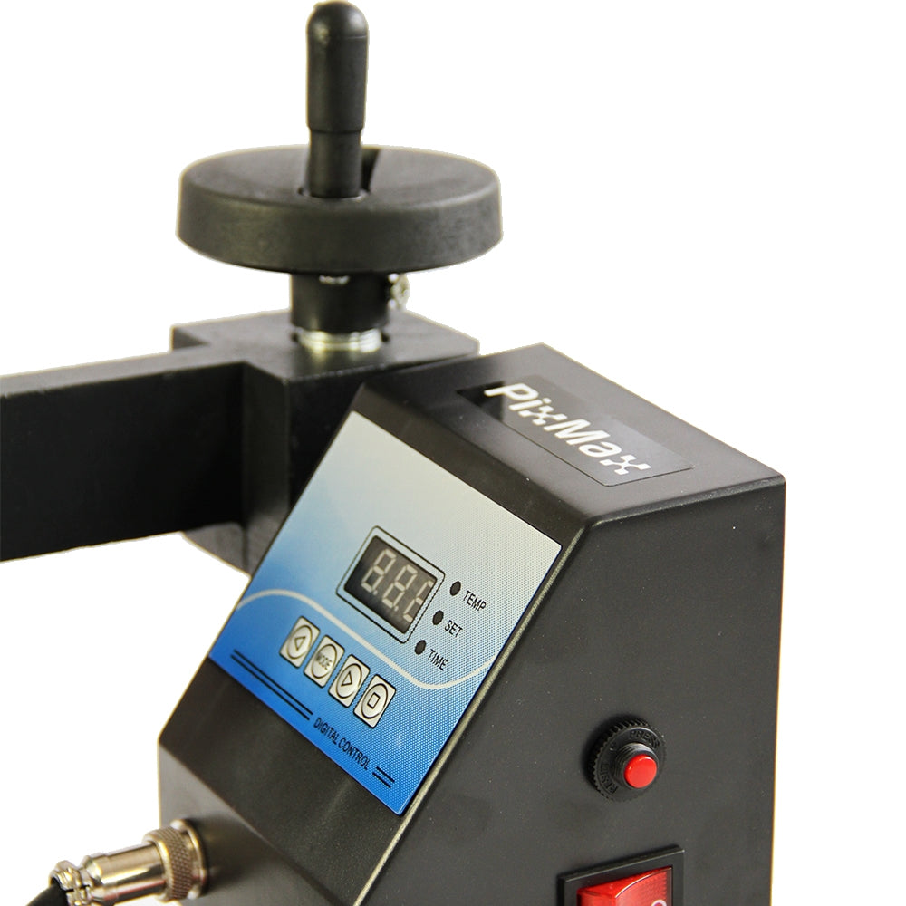 Black cap press machine with digital control panel, featuring temperature and time settings for precise printing applications