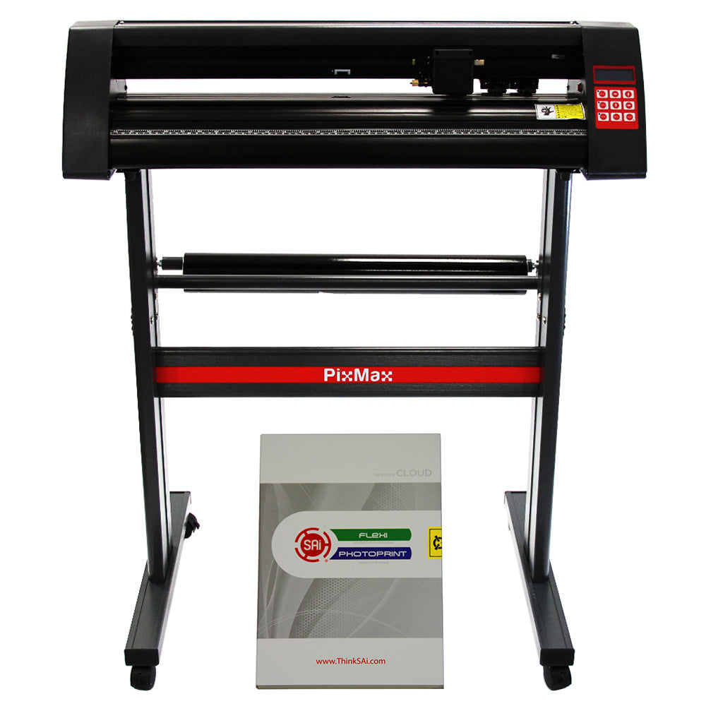 PixMax 72cm vinyl cutter with black and red accents, featuring a control panel, sturdy stand, and included Flexi Starter software guide
