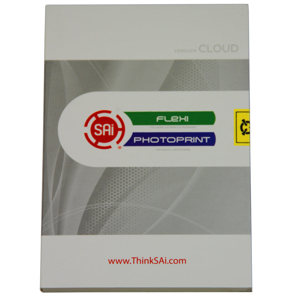 SAi Flexi Photoprint software box featuring a sleek gray design with colorful logos, ideal for vinyl cutter integration and graphic design