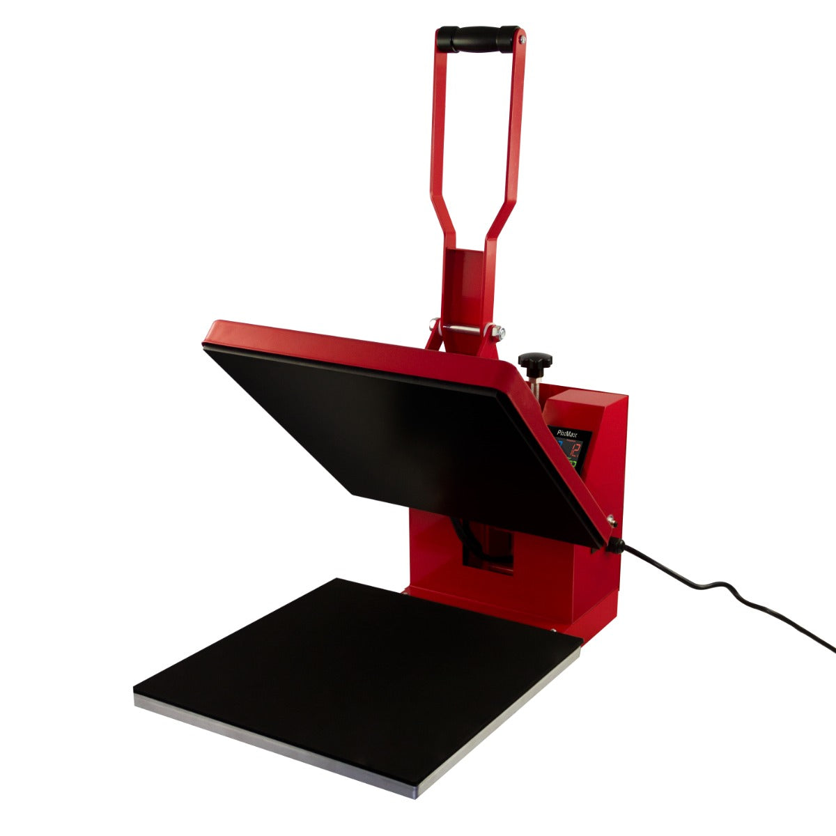 Red clam heat press with a large black heating plate, featuring a sturdy handle and adjustable pressure knob for sublimation projects