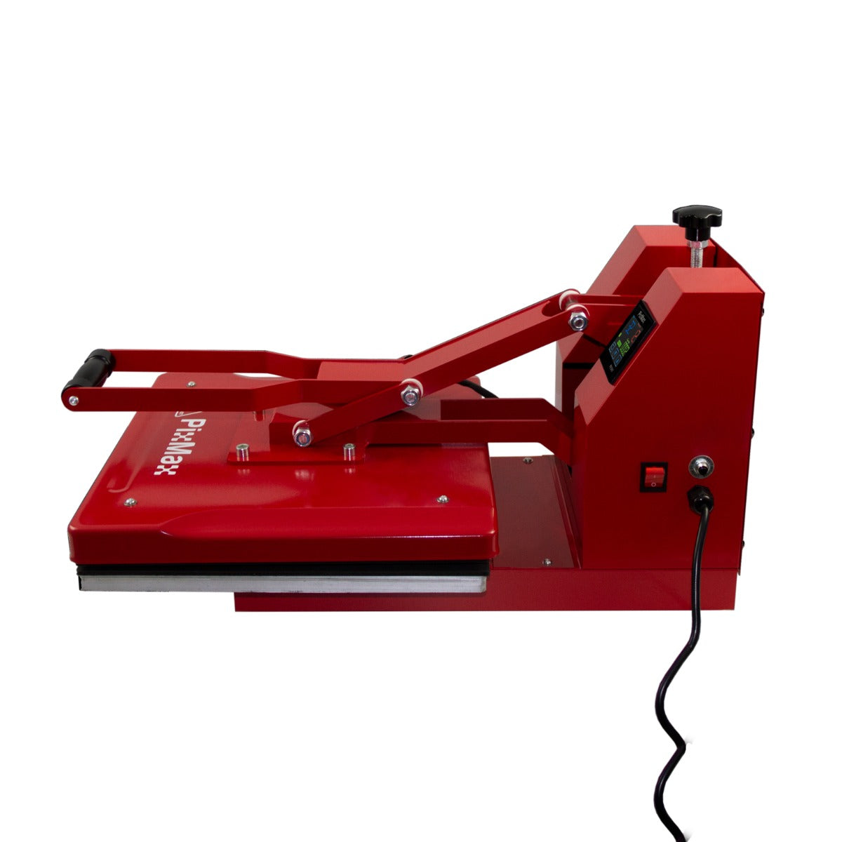 Red Clam Heat Press measuring 38 x 38cm with a sturdy handle, control panel, and a sleek design for efficient sublimation printing