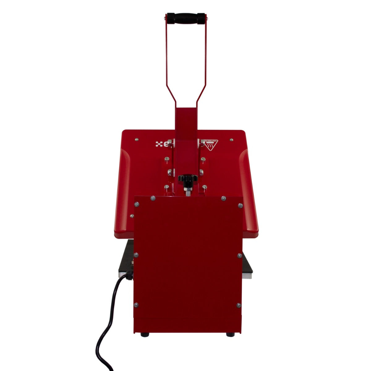 Red clam heat press machine with a sturdy handle, featuring a large 38 x 38cm heating plate for sublimation projects