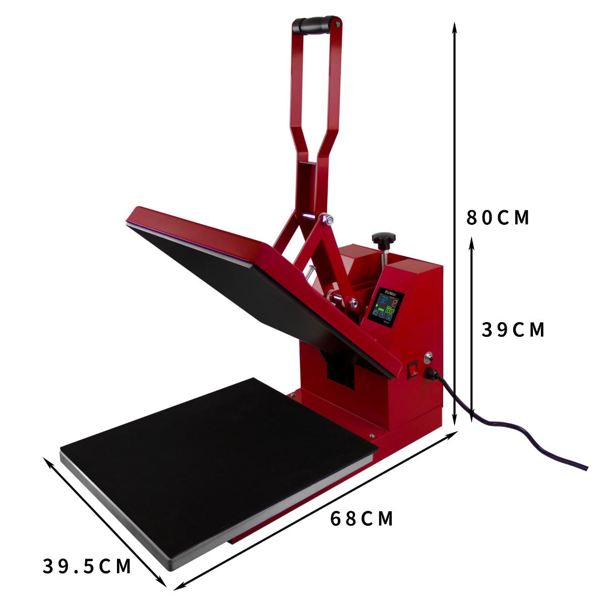 Red Clam Heat Press with a 38 x 38cm black heating plate, adjustable handle, and digital control panel for precise temperature settings