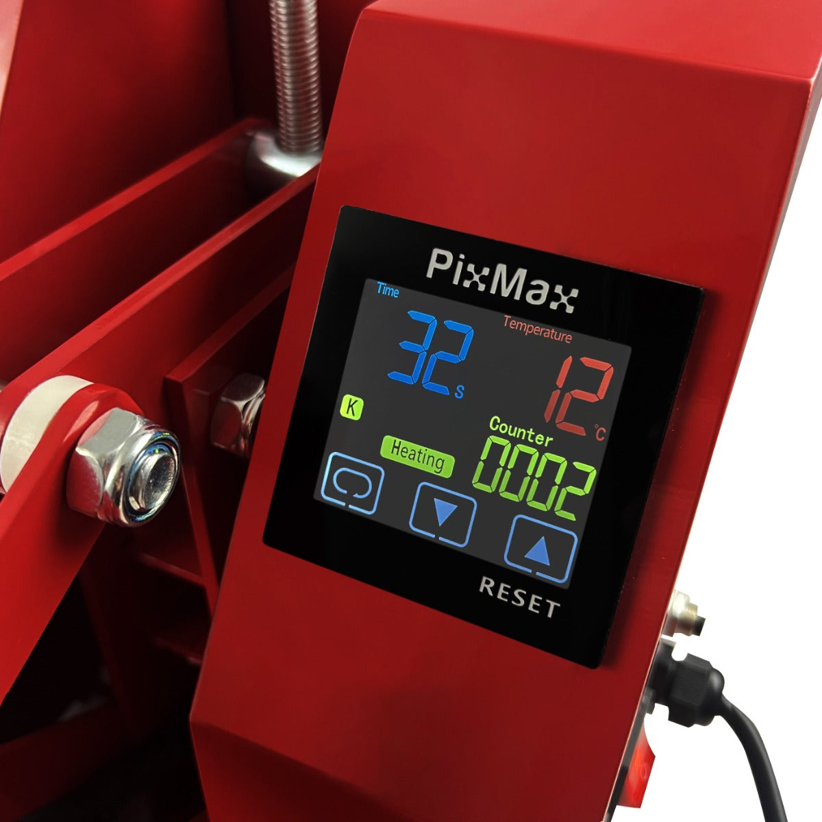 Digital control panel of a red Clam heat press, displaying time, temperature, and counter settings for precise sublimation printing