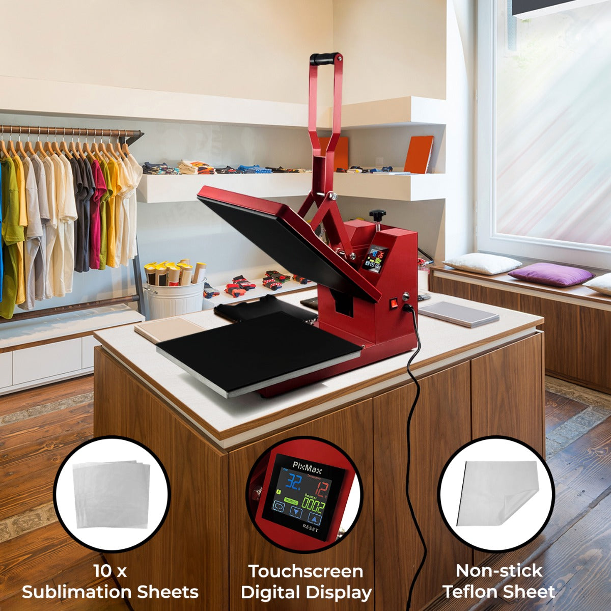 Red Clam Heat Press with touchscreen display on a wooden table, surrounded by colorful sublimation sheets and a non-stick Teflon sheet