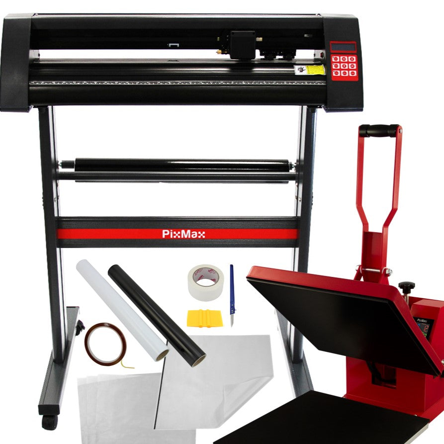 PixMax 38cm clam heat press and vinyl cutter with black and red design, includes tools and materials for crafting projects