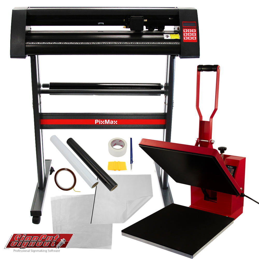 PixMax 38cm clam heat press in red, vinyl cutter with black base, includes tools like tape, sheets, and a cutting mat for crafting