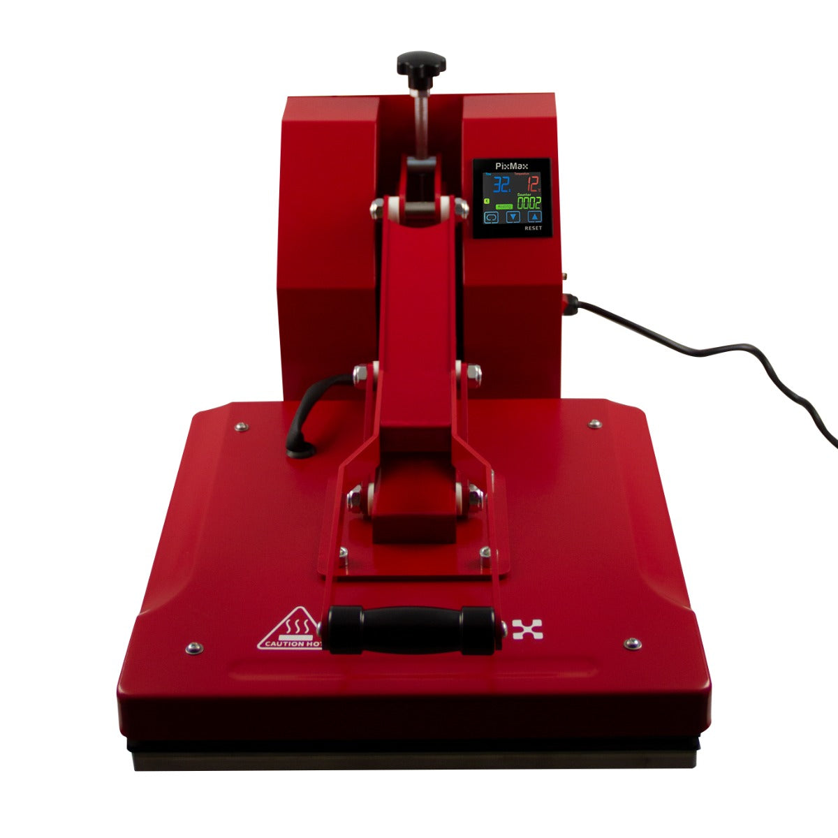 Bright red PixMax 38cm clam heat press with a digital display, sturdy handle, and a smooth, flat heating plate for vinyl cutting