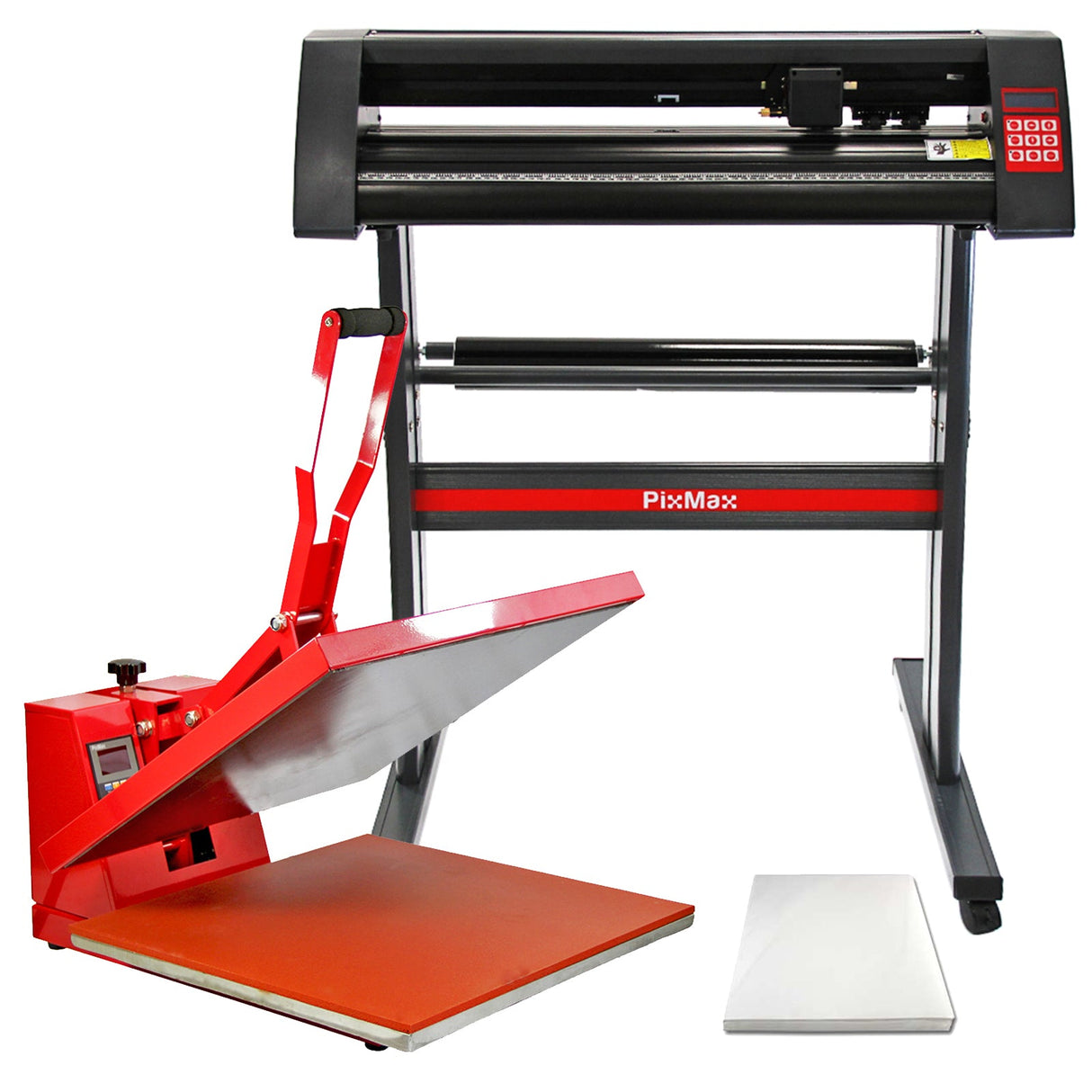 PixMax 50cm clam heat press in red with a vinyl cutter, featuring a sturdy base, large pressing plate, and adjustable lever for easy operation