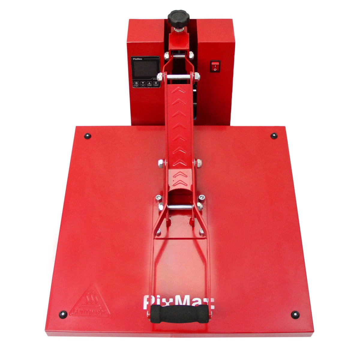 Bright red PixMax 50cm clam heat press with a sturdy base, adjustable handle, and digital control panel for precise temperature settings