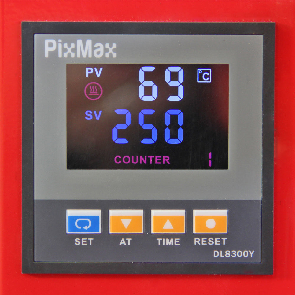Digital control panel of the PixMax 50cm Clam Heat Press, displaying temperature settings and timer with vibrant blue and red colors