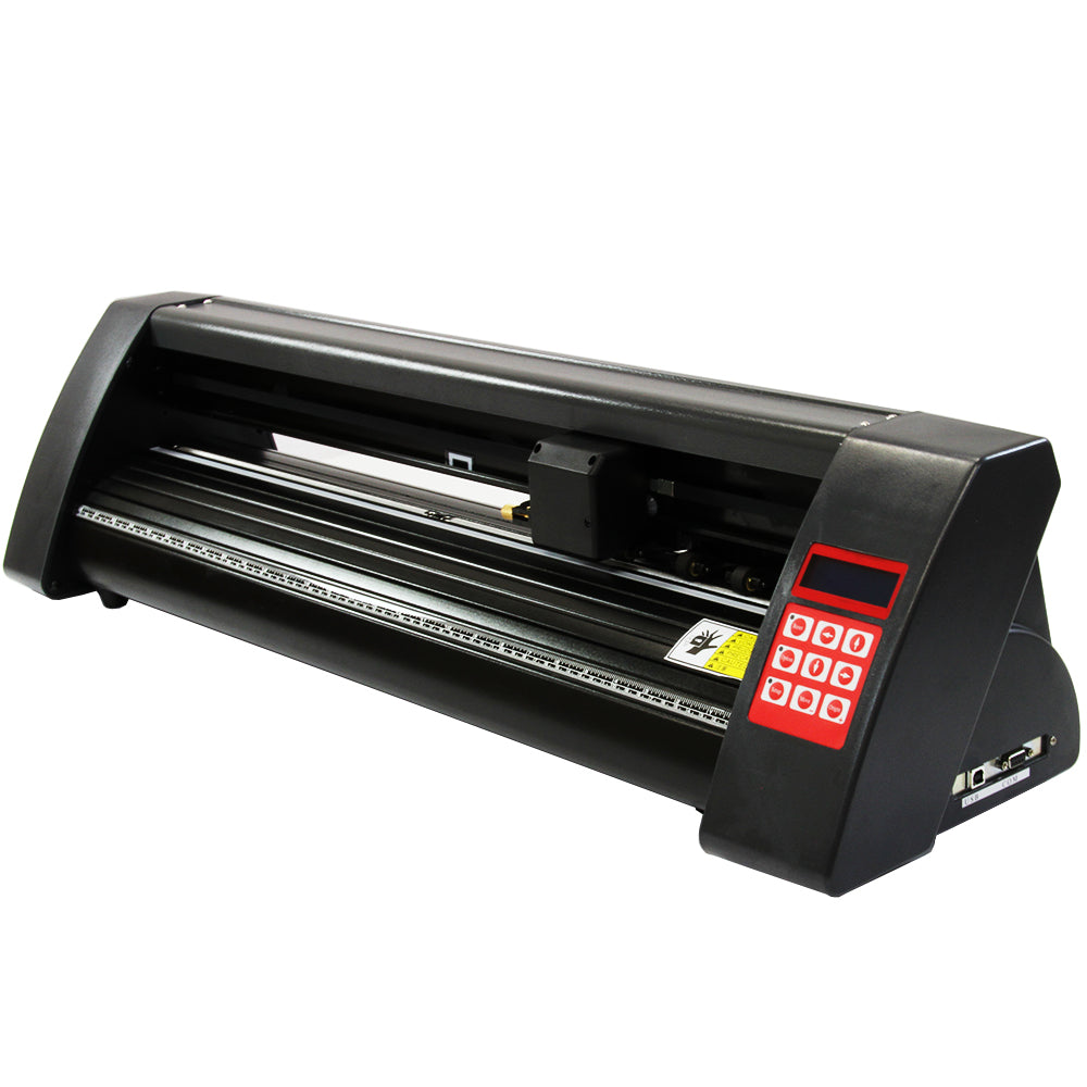 Black vinyl cutter with a sleek design, featuring a control panel with red buttons and a cutting blade for precision crafting