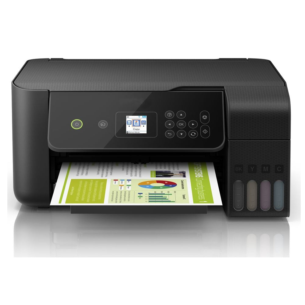 Compact black printer with a control panel, printing colorful documents, showcasing vibrant graphics and clear text output