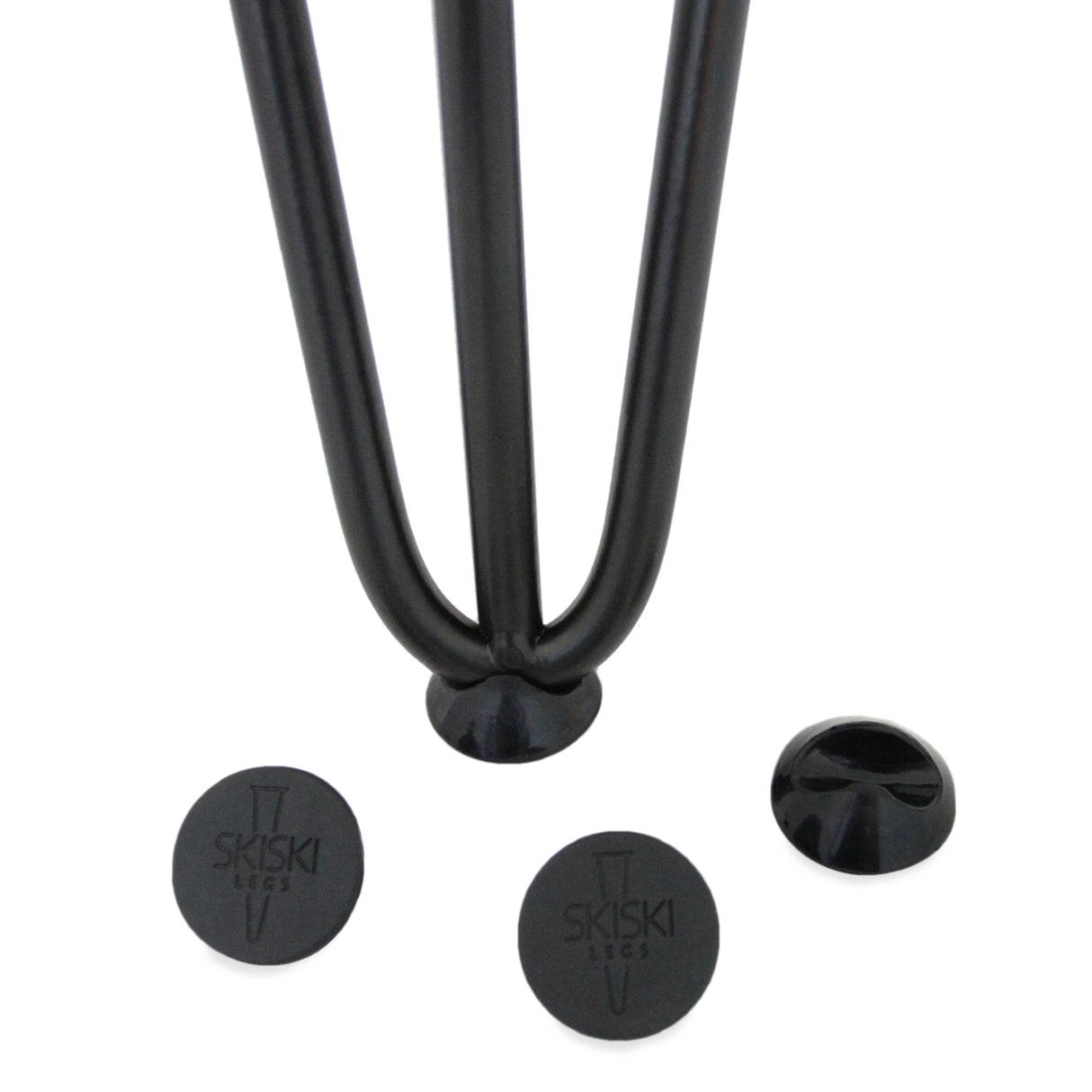 Black 10mm hairpin leg feet protectors, featuring a smooth, round design, ideal for preventing scratches on floors and enhancing furniture stability