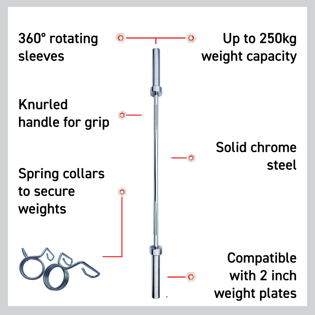 4ft to 7ft Olympic barbell bar in solid chrome steel, featuring knurled grip, rotating sleeves, and spring collars for secure weights