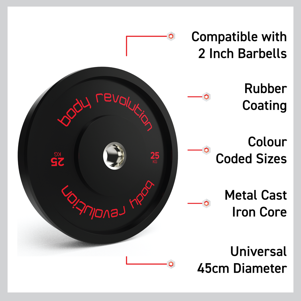 Black Olympic bumper plate with red lettering, rubber coating, 25 kg weight, 45 cm diameter, and metal cast iron core for durability