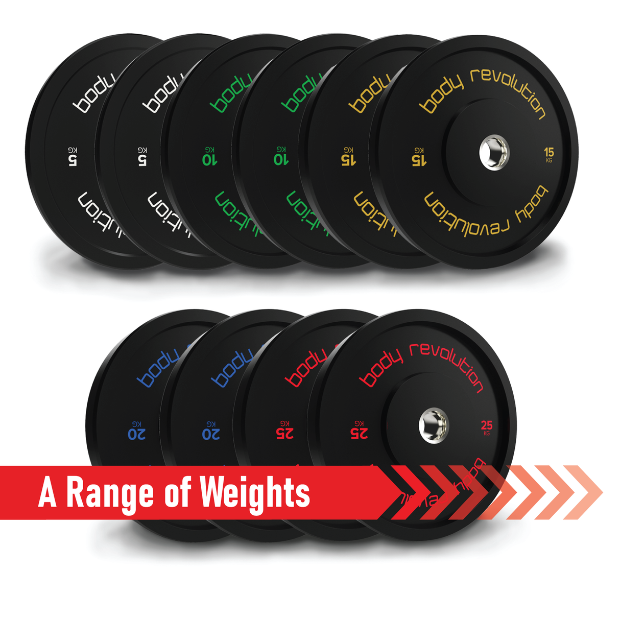 Black Olympic bumper plates in various weights, featuring vibrant colored markings for easy identification and durable rubber construction