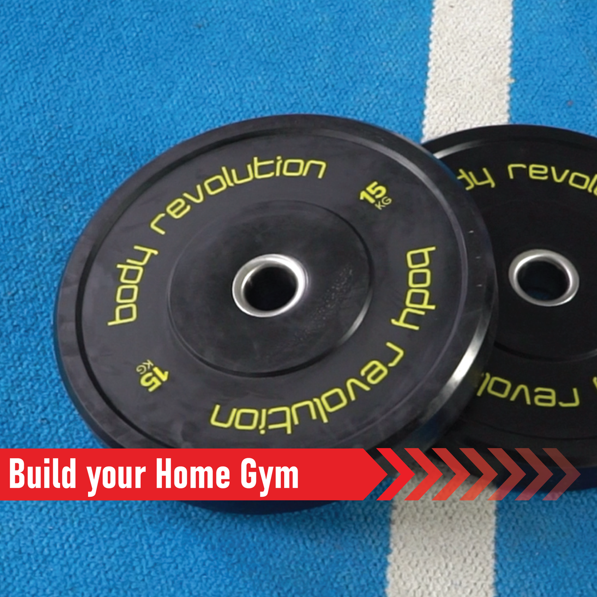 Black Olympic bumper plates with yellow lettering, featuring a textured surface for grip, ideal for home gym workouts