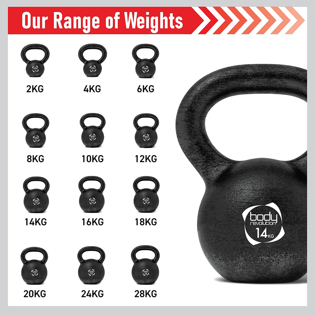 Various Body Revolution cast iron kettlebells ranging from 2 kg to 28 kg, featuring a matte black finish and ergonomic handles