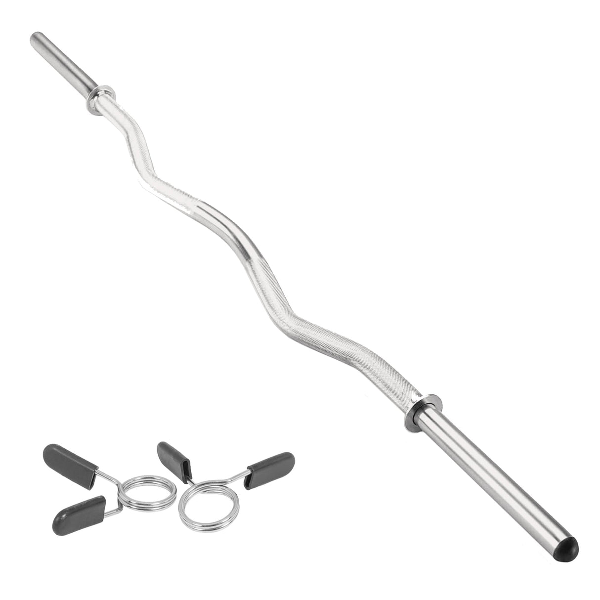 EZ 1" barbell bar with a sleek silver finish, featuring a curved design and two spring clips for secure weight attachment