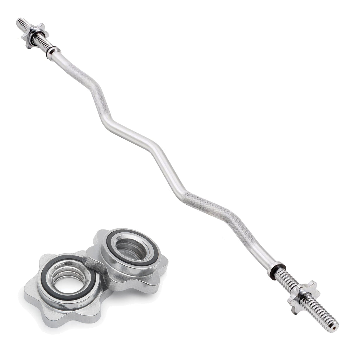 Curved 1.2m barbell bar with textured grip and two silver spinlock collars, ideal for weightlifting and strength training