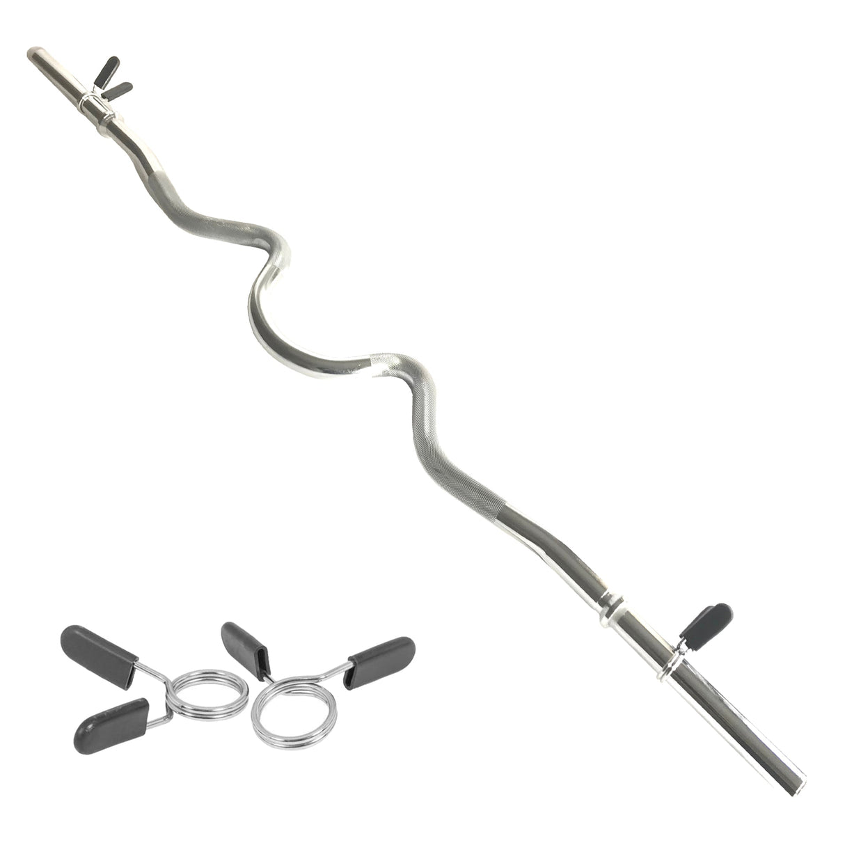 Super Curl Barbell Bar with a sleek silver finish, featuring a wavy design for enhanced grip and stability, includes spring collars