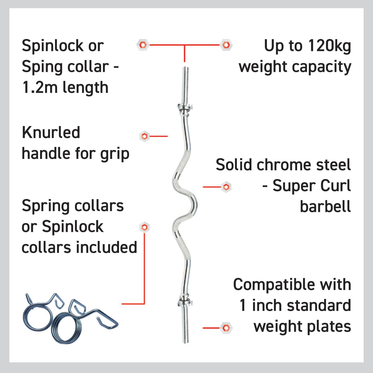 Super Curl Barbell Bar in chrome steel, 1.2m long with knurled grip, designed for up to 120kg weight capacity and compatible with 1-inch plates