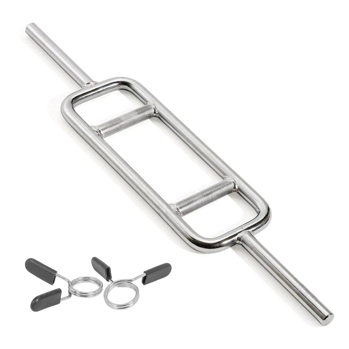 Standard 1-inch body revolution hammer curl bar in shiny silver steel with textured grips and included spring clips for weights