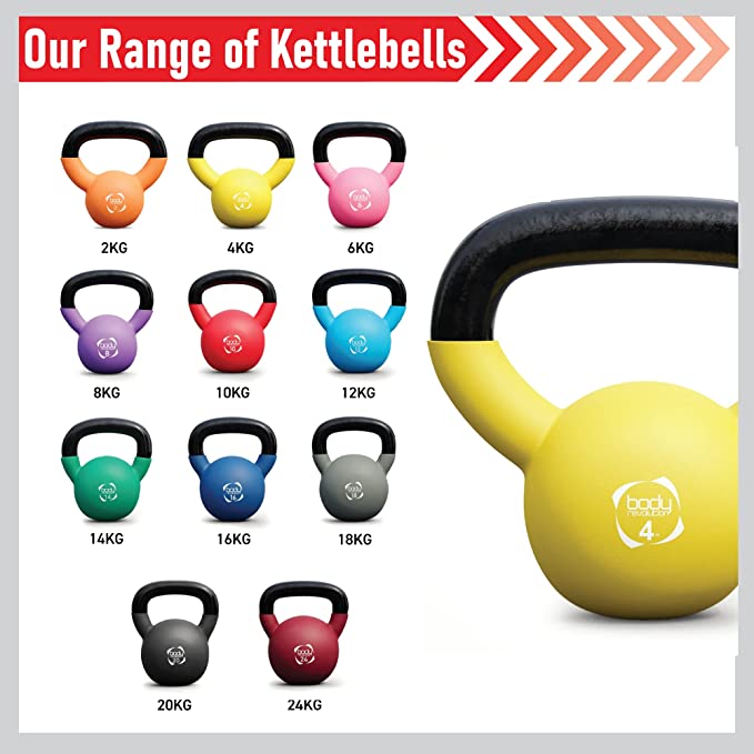 Colorful neoprene kettlebells ranging from 2 kg to 24 kg, featuring black handles and vibrant body colors for easy identification and use