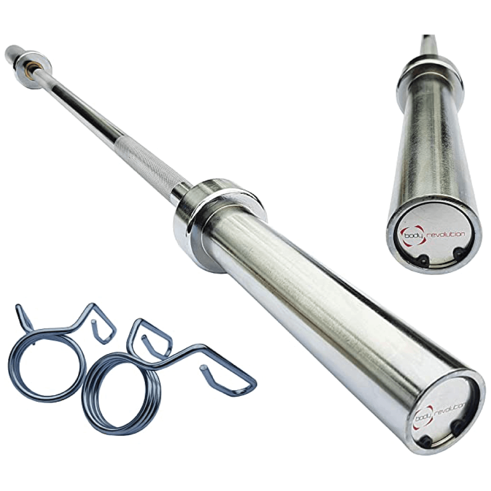 Shiny silver Olympic barbell with textured grip, featuring spring collars for secure weight attachment, ideal for strength training