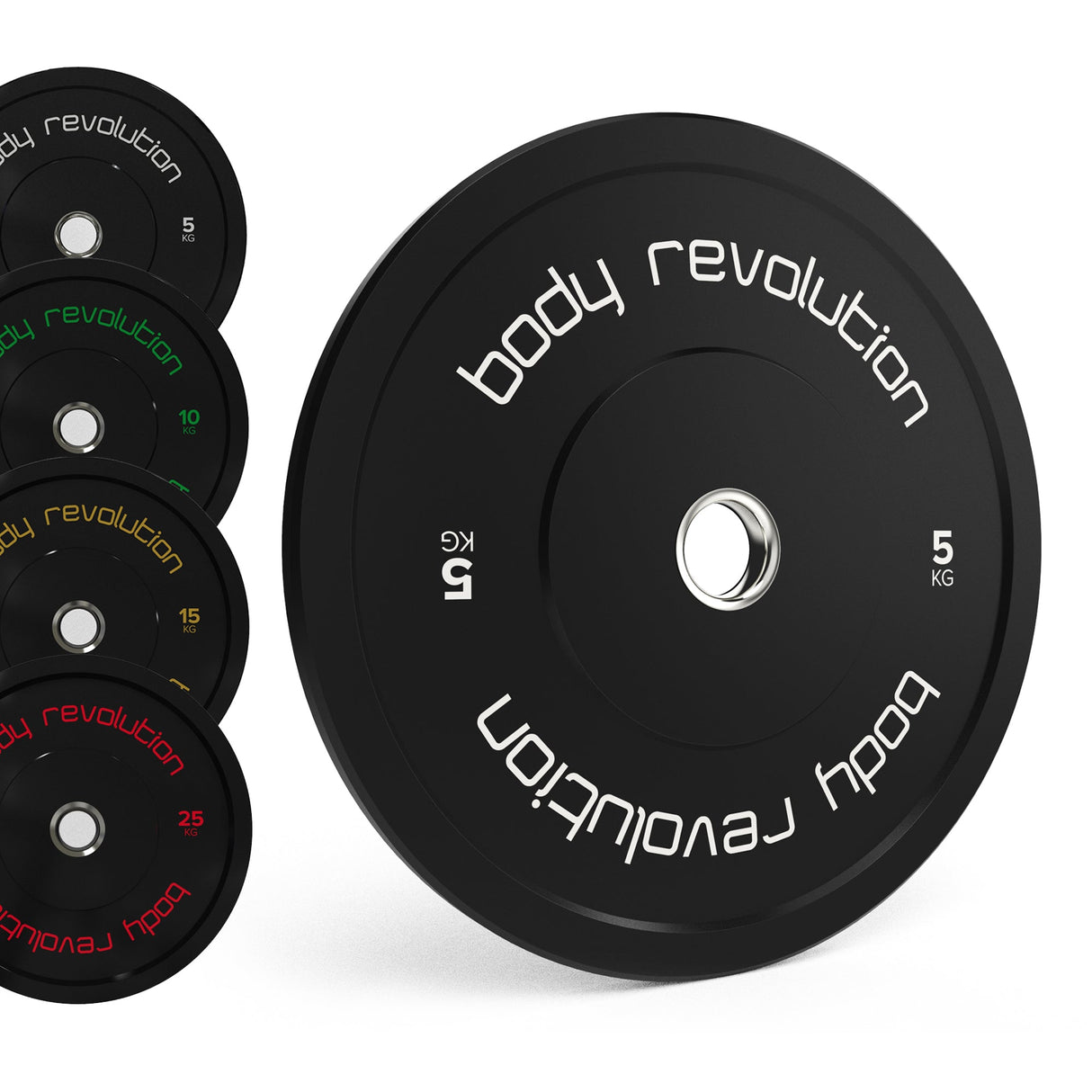 Black Body Revolution Olympic bumper plate, featuring a sleek design with bold white lettering, available in various weights