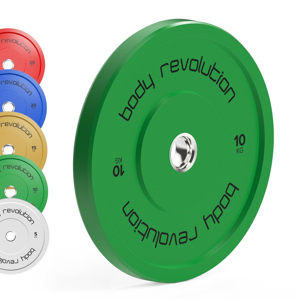 Bright green 10 kg Body Revolution Olympic bumper plate with black lettering, surrounded by colorful plates in red, blue, yellow, and gray